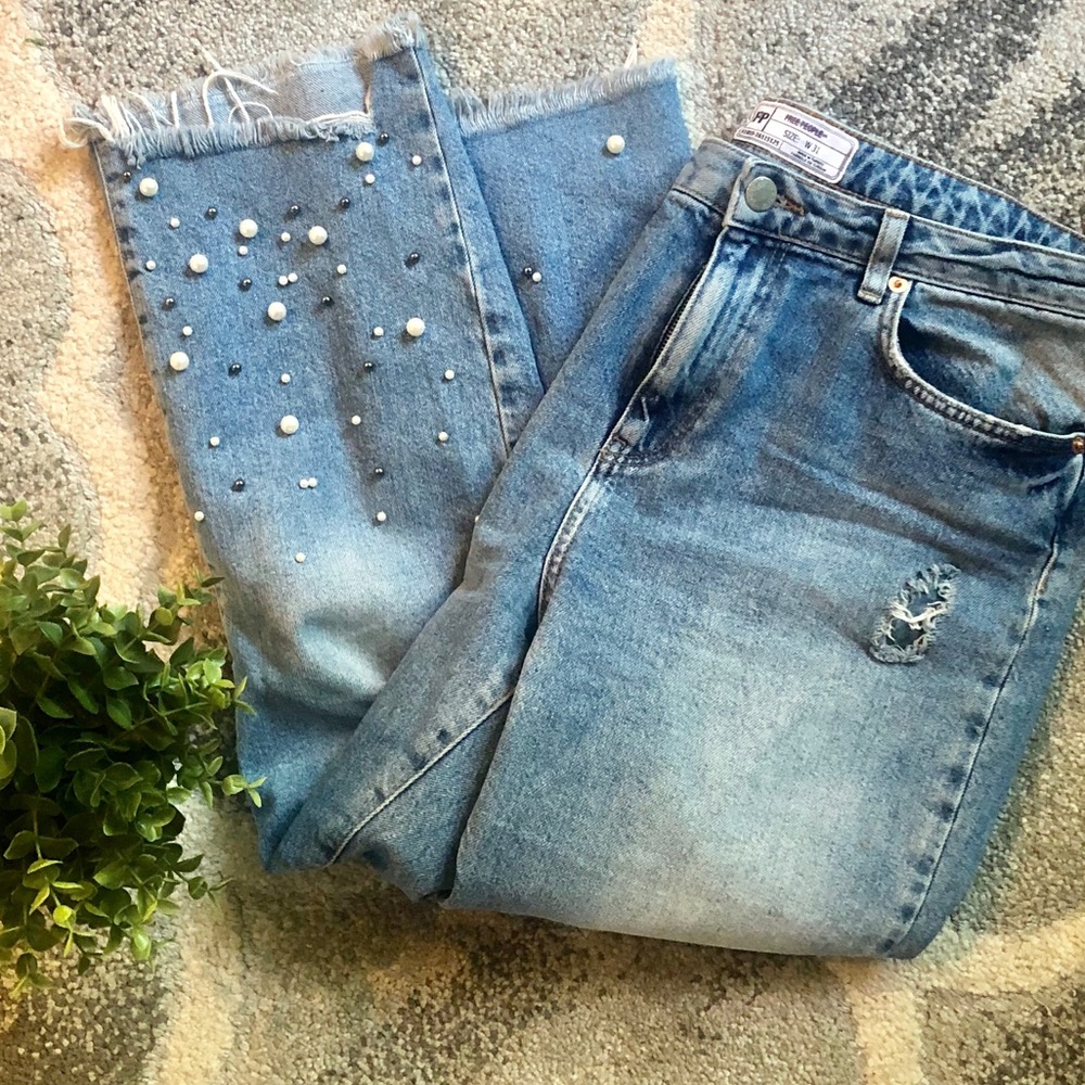 Free People destructed Boyfriend Jeans with pearls
